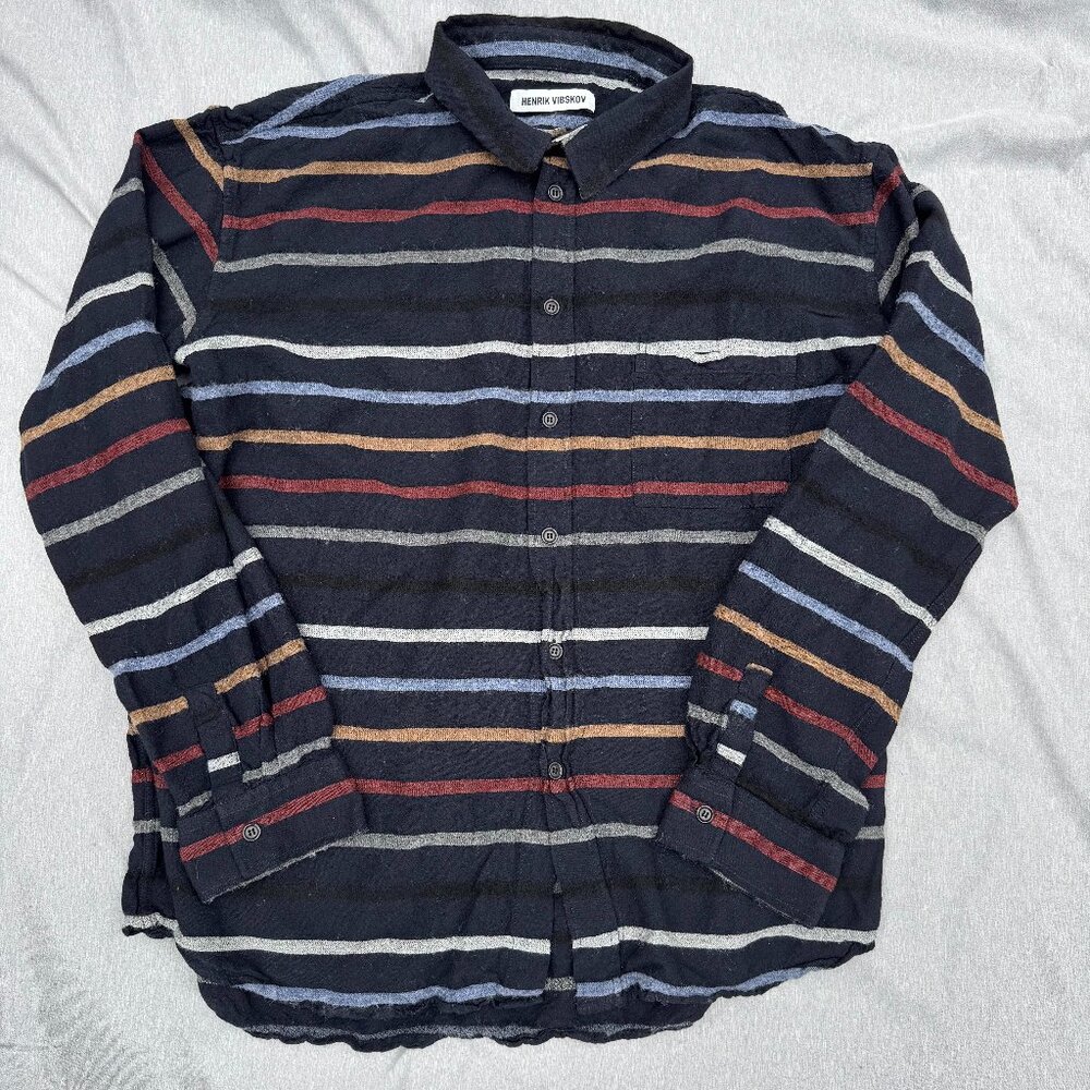 Women’s Striped Button-Down Shirt - light black with Multicolor Stripes